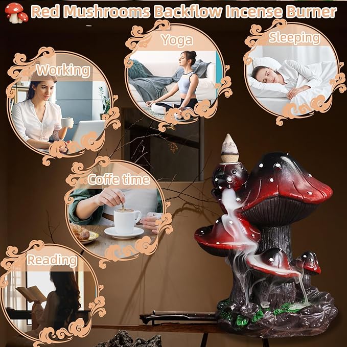 Mushroom Backflow Incense Holder – Ceramic Incense Cone Holder with 60 Backflow Incense Cones | Waterfall Incense Burner & Waterfall Fountain | Unique Smoke Cascade Effect for Relaxation & Meditation