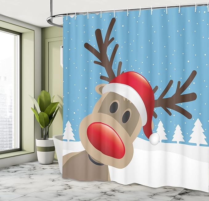 Ambesonne Christmas Shower Curtain, Reindeer Rudolph Red Nose and Santa Claus Hat Snowy Forest, Cloth Fabric Bathroom Decor Set with Hooks, 69" W x 70" L, Brown Blue