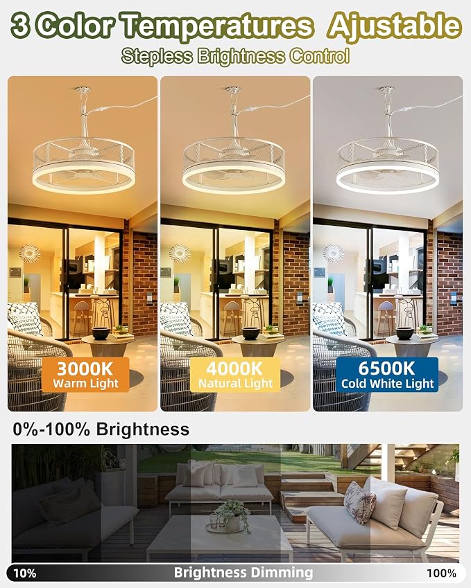 20'' Outdoor Ceiling Fan with Light, IP65 Waterproof Gazebo Hanging Fan, Remote Control, 3CCT, 6-Speed, Plug-in Caged Ceiling Fan for Patio Porch Pergola, Works with Alexa & Google Assistant