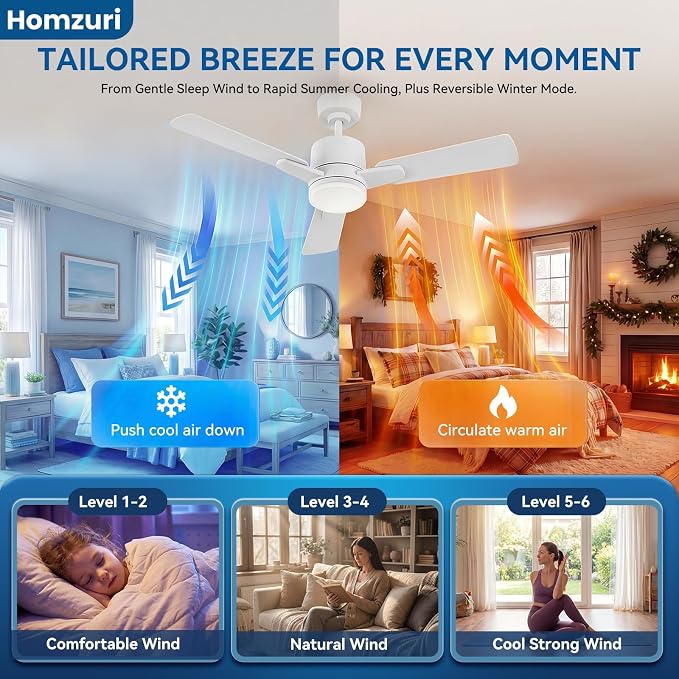 42" Ceiling Fan with Light and Remote, 6 Speed, Reversible Quiet DC Motor, 3CCT & Dimmable, Fast Install, Dual Finish 3 Blades Downrod Ceiling Fan with Lights for Bedroom, Living Room, Apartment