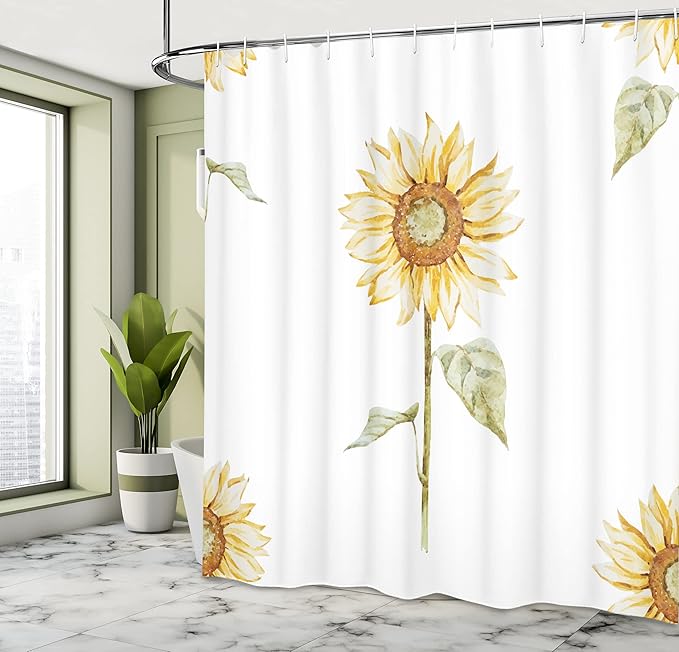 Ambesonne Sunflower Shower Curtain, Sunflowers Watercolor Painting Effect and in Minimalistic Design Art, Cloth Fabric Bathroom Decor Set with Hooks, 69" W x 84" L, Yellow Green