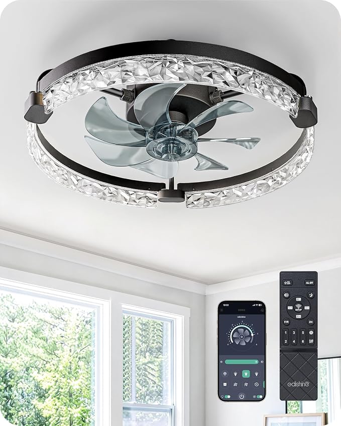 EDISHINE Ceiling Fans with Lights and Remote, 20'' Low Profile Ceiling Fan, 3000-6000K Dimmable, 6 Speeds LED Modern Flush Mount Fan Light, DC Motor, APP Control, Black Fandelier for Bedroom, Kitchen