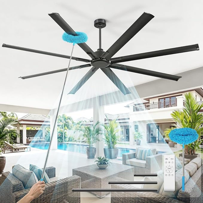 96 Inch Industrial Ceiling Fan No Light, Large Shop Fan with 8 Aluminum Blades, Quiet Reversible DC Motor, 6 Speed Remote Control,3 Downrods, Black Outdoor Ceiling Fans for Patios,Garage,Gym,Warehouse