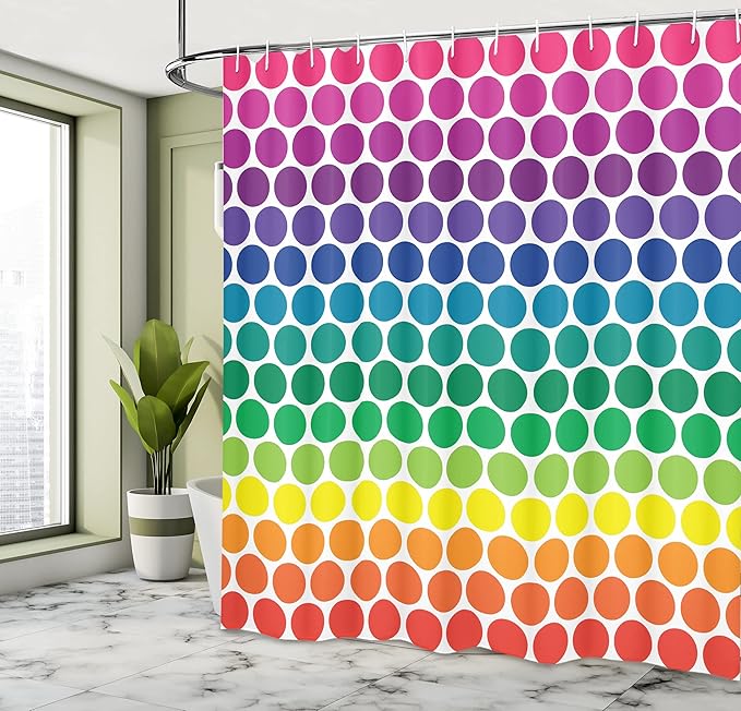 Ambesonne Polka Dots Shower Curtain, Illustration of Rainbow Colored Dots Big Circles Spots Theme Print, Cloth Fabric Bathroom Decor Set with Hooks, 69" W x 70" L, Navy Pink