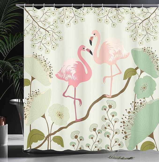 Ambesonne Peacock Shower Curtain, Blossoming Floral Background with Pair of Flamingos on Tree Branch, Cloth Fabric Bathroom Decor Set with Hooks, 69" W x 84" L, Green Salmon