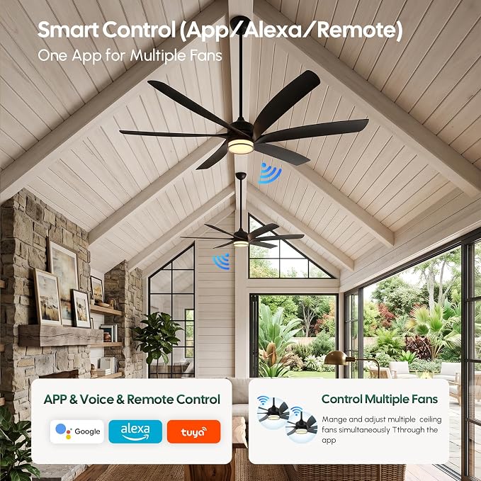 64 inch Smart Ceiling Fan with Light, Alexa/APP/Wifi/Remote Control, Large 6 Black Blades, High Airflow Quiet Reversible DC Motor, Indoor Outdoor Fans for Covered Patios, Gazebo, Deck, 3 Downrods
