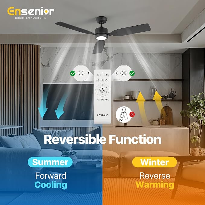 Ensenior 52 Inch Ceiling Fan with Light and Remote, Modern Black Ceiling Fans with 3 Reversible Wood Blades, Quiet DC Motor, 6-Speed, Memory Function, Farmhouse Ceiling Fan for Bedroom Living Room