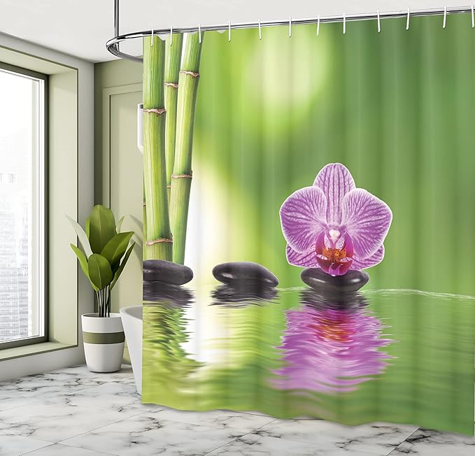 Ambesonne Spa Shower Curtain, Spa Floral Summertime Theme Holidays Exotic Positiveness Lilac Bouquet Corsage, Cloth Fabric Bathroom Decor Set with Hooks, 69" W x 84" L, Lime Green