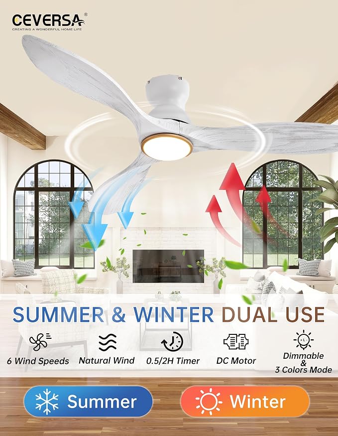 52 Inch Flush Mount Ceiling Fans with Lights and Remote,White and Gold Low Profile Ceiling Fan with Light,Dimmable,Quiet Noiseless DC Motor for Patios,Living Room,Bedroom(Wall Control Switch)