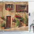 Ambesonne Tuscan Shower Curtain, Picturesque Lane with Mediterranean Architecture Flowers Italian Town, Cloth Fabric Bathroom Decor Set with Hooks, 69" W x 84" L, Brown Burgundy