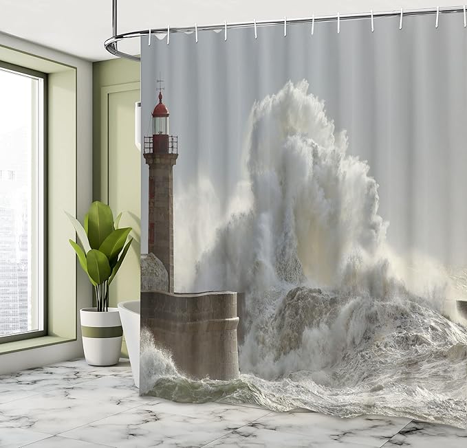Ambesonne Lighthouse Shower Curtain, Big Waves in Sunny Storm Portuguese North Coast Catastrophe Disaster, Cloth Fabric Bathroom Decor Set with Hooks, 69" W x 70" L, Grey White