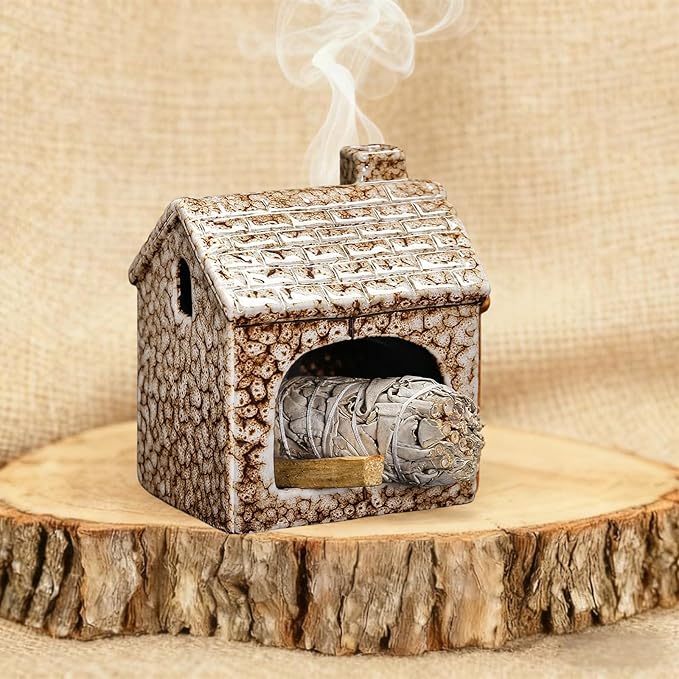 Ceramic Mini Chiminea Palo Santo Burner | Sage & Incense Cone Holder | Stable Smudge Bowl for Zen Altar, Meditation, Yoga | Home Decor & Gift (Brown)
