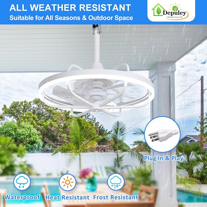 Depuley 20" Outdoor Ceiling Fan with Lights, White Waterproof Gazebo Hanging Fan with Remote App Control, Dimmable Plug in Caged outdoor Ceiling Fans for patios Porch 6-Speeds