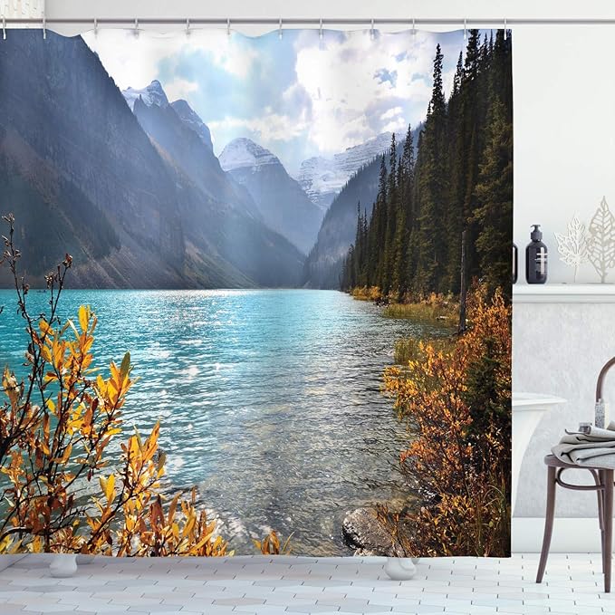 Ambesonne Landscape Shower Curtain, Lake Louise Banff National Park Canada Mountains Autumn Plants, Cloth Fabric Bathroom Decor Set with Hooks, 69" W x 70" L, Earth Yellow Pale Blue
