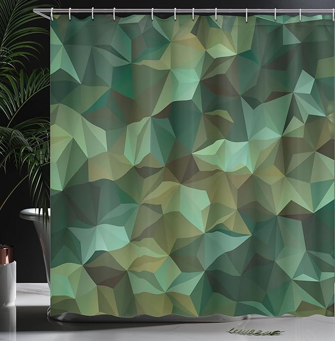 Ambesonne Geometric Shower Curtain, Abstract Style Composition Camouflage Design Angular Polygon Design, Cloth Fabric Bathroom Decor Set with Hooks, 69" W x 84" L, Jade Green