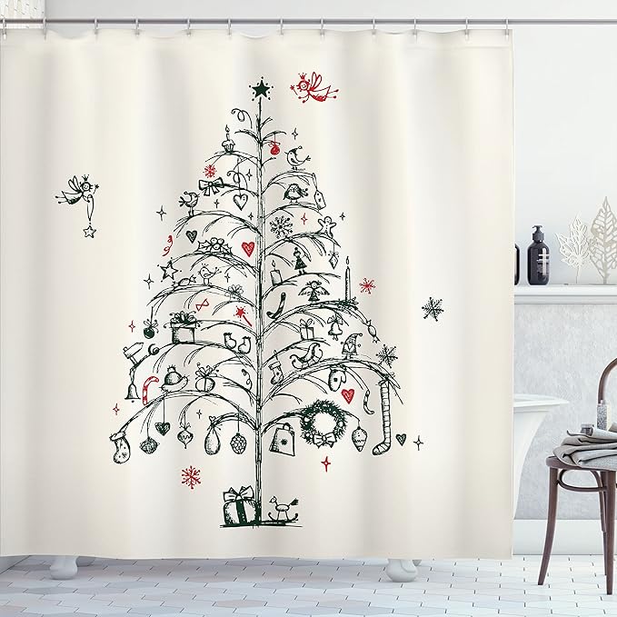 Ambesonne Christmas Shower Curtain, Fairies with Wands and Tree Hand Drawn Style with Wreath and Stockings Image, Cloth Fabric Bathroom Decor Set with Hooks, 69" W x 70" L, Red and Green