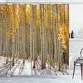 Ambesonne Forest Shower Curtain, Aspen Trees with Warm Leaves in Snow Forest in Early Winter Time Landscape, Cloth Fabric Bathroom Decor Set with Hooks, 69" W x 84" L, Orange White