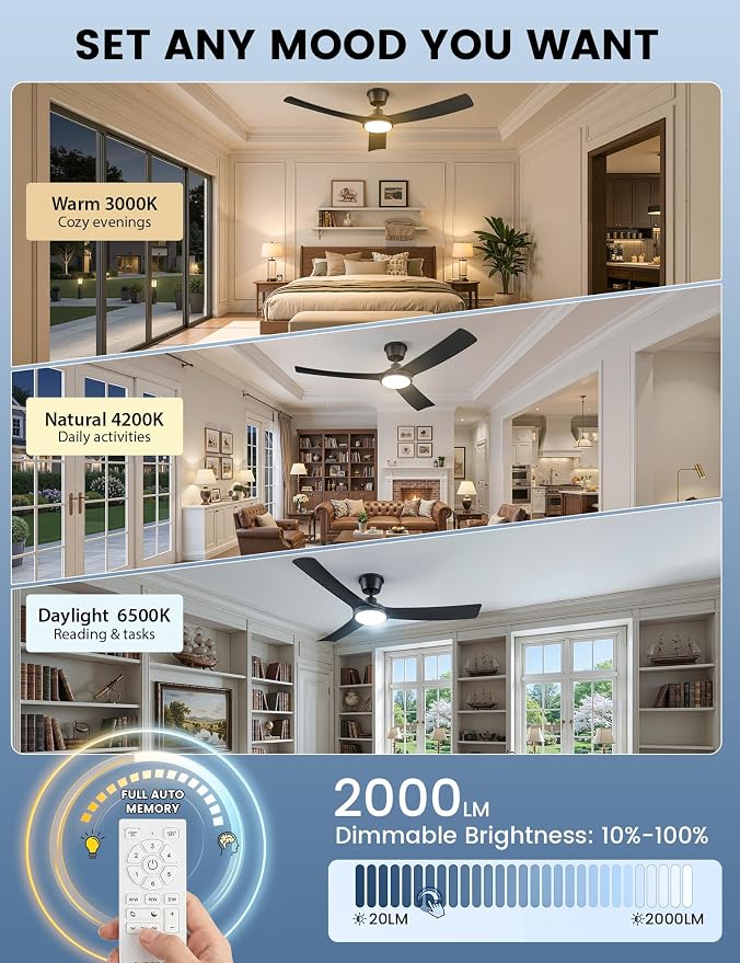 56" Outdoor Ceiling Fan with Light - IP66 Waterproof Black Ceiling Fans with Lights and Remote & App Control, Quiet DC Motor, 3 CCT, Dimmable LED Large Ceiling Fans for Patios, Gazebo, Porch