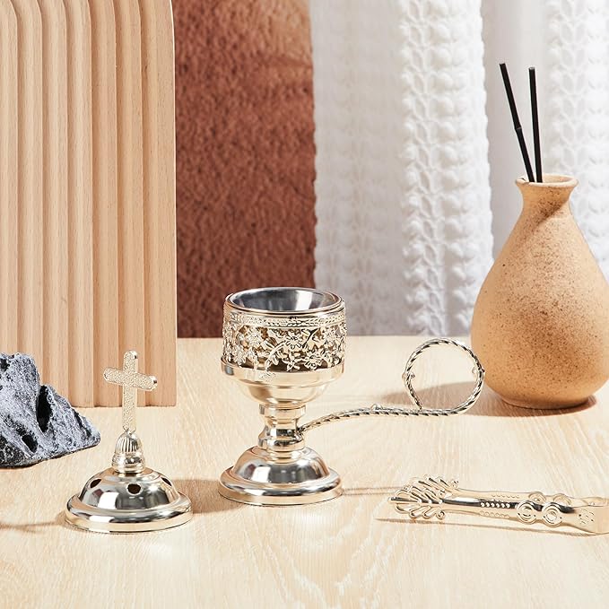 Zonon 2 Sets Incense Burner with Tong, Frankincense Charcoal Incense Stand Holder, Ideal for Yoga, Spa, Aromatherapy, Home and Christian Church Censer (Silver,Classic)