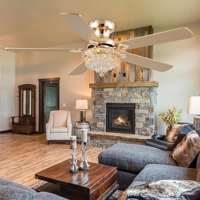 GJeg Crystal Ceiling Fan Fandelier with Lights-Ceiling Fans with Remote Control,Modern Ceiling Fan with Noiseless DC Reversible Motor,Dining Room,Living Room(52" Gold)
