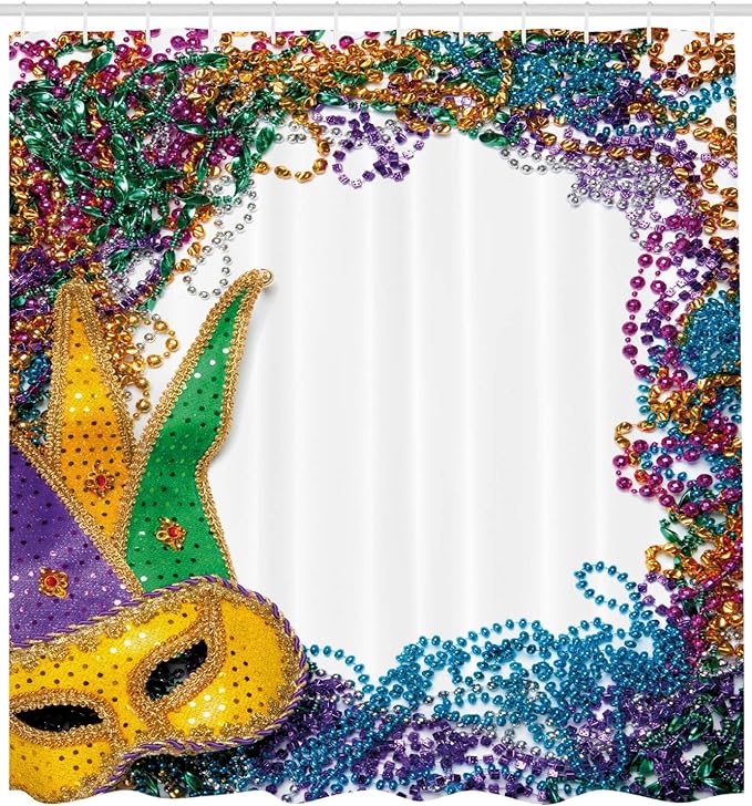 Ambesonne Mardi Gras Shower Curtain, Colorful Framework Design Vibrant Beads and Fat Tuesday Holiday Theme, Cloth Fabric Bathroom Decor Set with Hooks, 69" W x 70" L, Multicolor