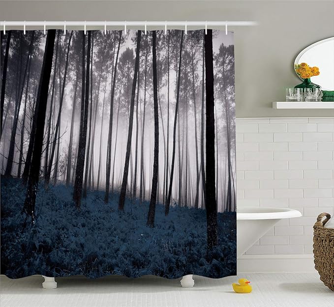 Ambesonne Forest Shower Curtain, Mystical Fantasy Woodland Under Heavy Fog Tall Trees Bushes Contrast Colors, Cloth Fabric Bathroom Decor Set with Hooks, 69" W x 75" L, Petrol Black