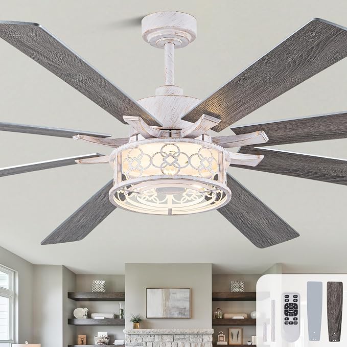 72 in Farmhouse Ceiling Fan with Lights Large Rustic Ceiling Fan | Retro White Caged Fandelier, Industrial Chandelier Light with Remote for Living Room Indoor, Reversible DC Motor 6 Speeds
