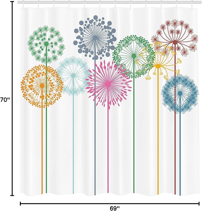 Ambesonne Floral Shower Curtain, Flower Inspired Artwork Colorful Dandelions on White Background Illustration Print, Cloth Fabric Bathroom Decor Set with Hooks, 69" W x 70" L, Fern Green