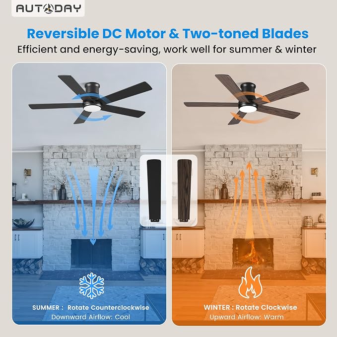 52 Inch Low Profile Ceiling Fan with Light, Black Flush Mount Ceiling Fans with Lights and Remote, 6 Speeds Reversible Quiet DC, 3CCT Dimmable, Indoor Outdoor Ceiling Fans for Patios Bedroom