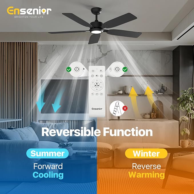 Ensenior 52 inch ceiling fan with light and remote, Noiseless Reversible DC Motor Fandelier Ceiling Fan, 6 Speeds, 3CCT, Black Modern Ceiling Fan for Bedroom and Living Room, 5 Dual-Finish Blades
