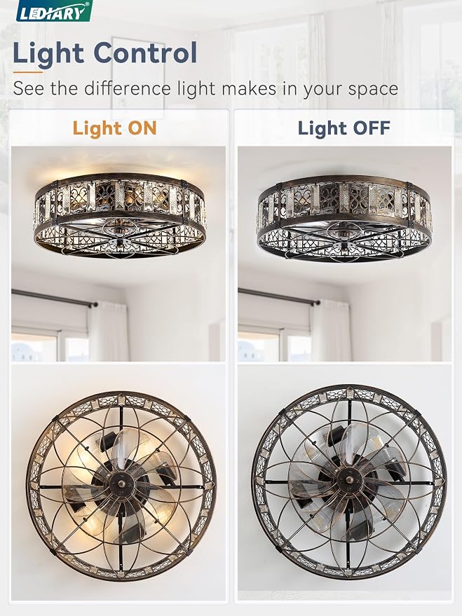 LEDIARY 20" Caged Ceiling Fans with Lights,Flush Mount Vintage Victorian Rustic Crystal Fandelier,Low Profile Farmhouse Enclosed Ceiling Fan with Light and Remote for Bedroom,Kitchen,Indoor,Black Gold