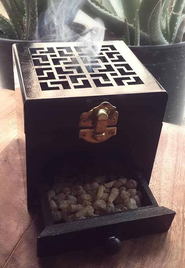 Nazareth Store Black Wood Incense Burner Holder Natural Ash Wood Box Distiller Cone Charcoal Resin Aromatherapy Fragrance Ornament