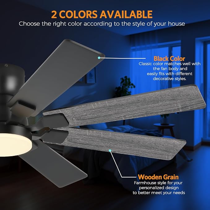 JSAITEE 52Inch Ceiling Fan with Lights, Flush Mount Low Profile, Black | Ceiling Fans,DC Reversible Motor Noiseless, 3CCT Dimmable, Dual Finish, 6 Speeds Ceiling Fan for Indoor/Outdoor