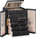 Dajasan Large Jewelry Organizer Box, 6-Tier Jewelry Storage Case with 5 Drawers, Jewelry Boxes for Women Girls with Mirror, Double Door, Textured PU Leather, Gift Idea, Stylish (Black + Gold)
