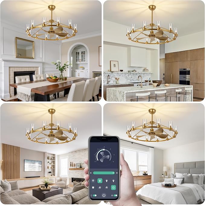 44" Wagon Wheel Chandelier Ceiling Fans with Lights and Remote with APP, 12-Lights Farmhouse Fandelier Fans with Glass Shade, Gold Industrial Lighting Fixture for Dining Living Room, Kitchen Island