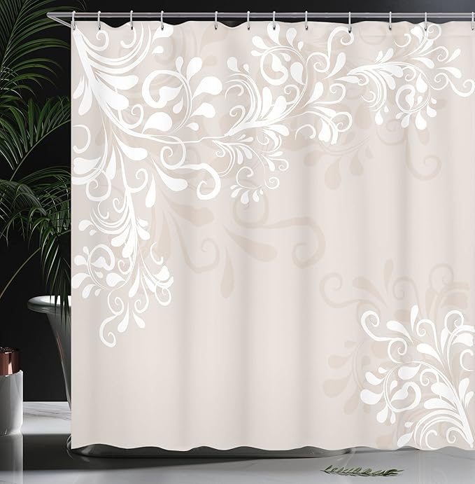 Ambesonne Oriental Shower Curtain, Floral Ivy Swirls and Leaves Abstract Modern Frame Like Artwork Image, Cloth Fabric Bathroom Decor Set with Hooks, 69" W x 70" L, White Cream