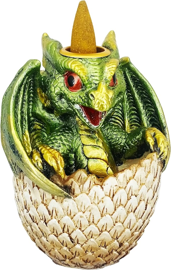 Fantasy Gifts Green Dragon in Egg Backflow Incense Burner 3.5 x 3 x 4.25 Inch | Hand Painted Cold Cast Resin Fountain | Mystical Home Décor & Aromatherapy Gift for Meditation and Relaxation