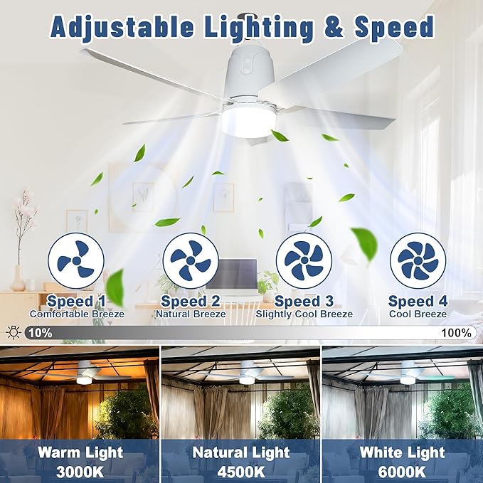 SHUNLEE Solar Outdoor Ceiling Fan Light 31.5'', 60W Solar Powered Portable Gazebo Fan With Remote and Hook, 3000K-6000K LED, 40000mAh Large Hanging Canopy Fan (31.5 inch)