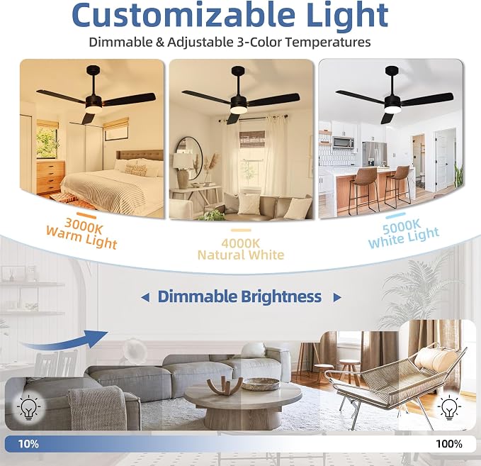 hykolity 52 Inch Modern Black LED Ceiling Fan with Light and Remote Control | 3CCT Dimmable LED Light, Quiet Reversible DC Motor, 6-Speed, Downrod Included, 3 Blade Ceiling Fans for Bedroom Living Room