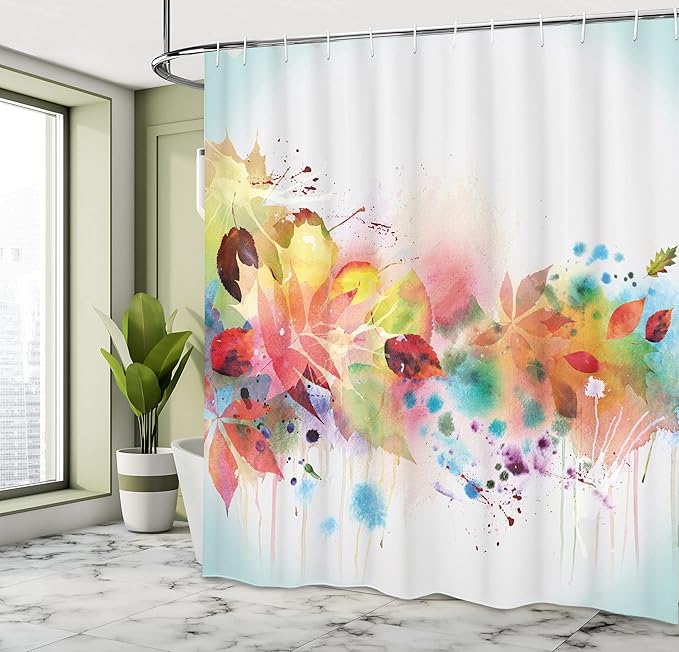 Ambesonne Fall Shower Curtain, Psychedelic Autumn Scene with Watercolors Splashes and Brushstrokes Blurry Design, Cloth Fabric Bathroom Decor Set with Hooks, 69" W x 70" L, Cadet Blue