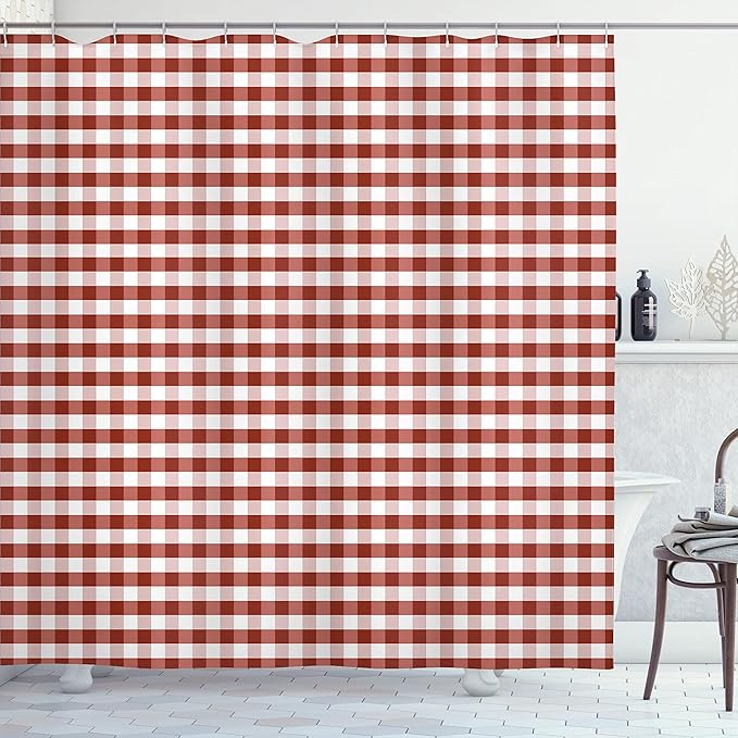 Ambesonne Checkered Shower Curtain, Monochrome Gingham Checks Classical Country Culture Old Fashioned Grid Design, Cloth Fabric Bathroom Decor Set with Hooks, 69" W x 84" L, Ruby Salmon