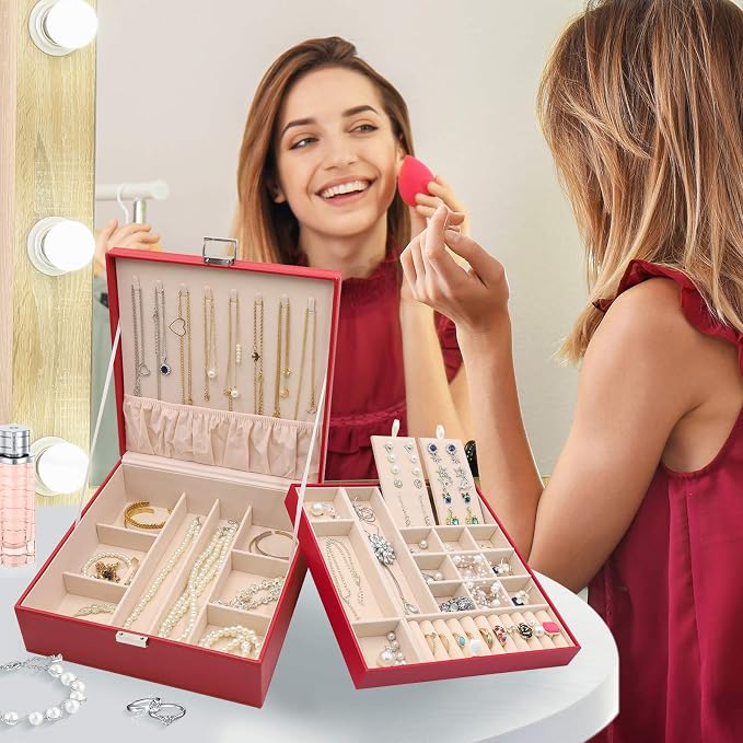 ProCase 2 Layers Jewelry Box for Women -Red | Large Leather Jewelry Organizer Storage Case with Removable Pad for Earrings