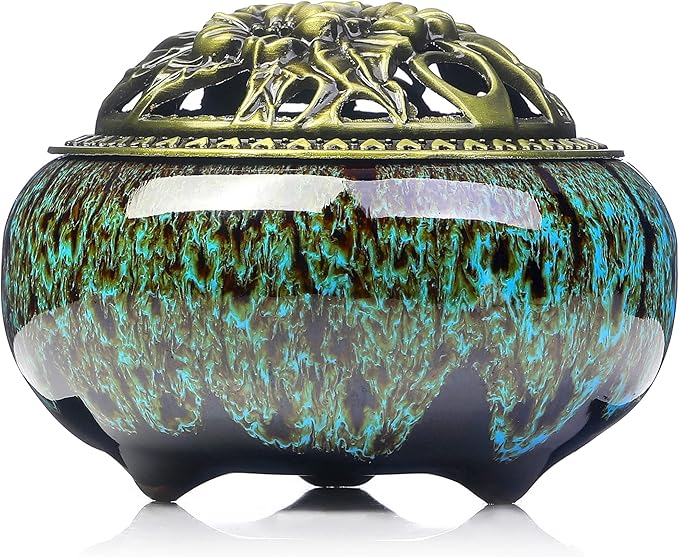 Incense Burner with Calabash Incense Stick Holder - Porcelain Charcoal Censer for Use with Resin Granular Powder Cone or Coil Incense (Kiln-Colored Blue)