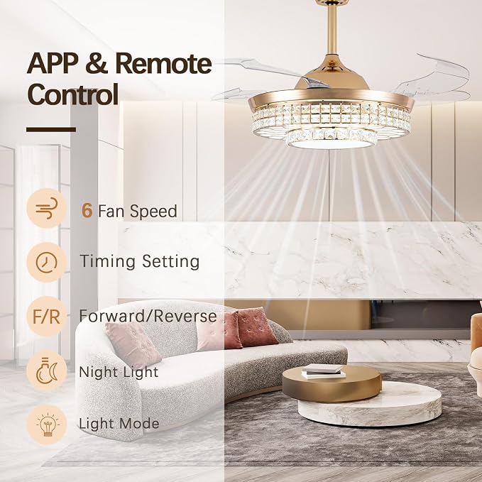 42" Retractable Ceiling Fans with Lights, Crystal Chandelier Ceiling Fan with Remote & APP Control, Modern Dimmable LED Fandelier for Living Room, Dinning Room, Bedroom (Gold)