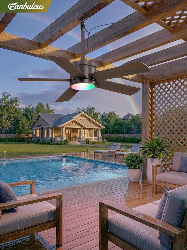 Fanbulous 42" Outdoor Ceiling Fans with Lights, APP Remote Control, IP65 Waterproof, RGB Dimmable Light, Plug-and Play,10FT Cord, 6-Speeds, 3CCT, Hook Hanging Fan for Gazebo Patio Canopy(Oil-Bronze)