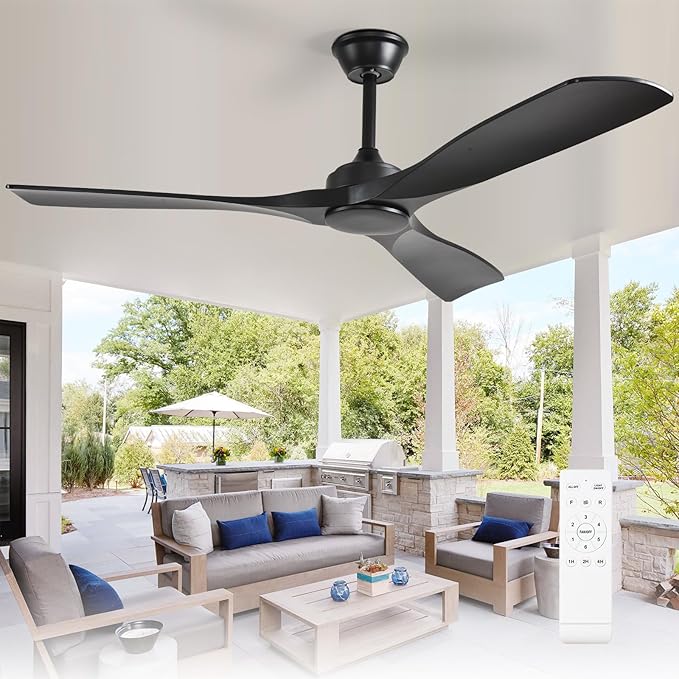 Depuley Ceiling Fan Without Light: 52 Inch 3 Blade Outdoor Fans for Patios - Black Ceiling Fan No Light Indoor Remote Control Ultra Quiet DC Motor Reversible 6 Speed Timer