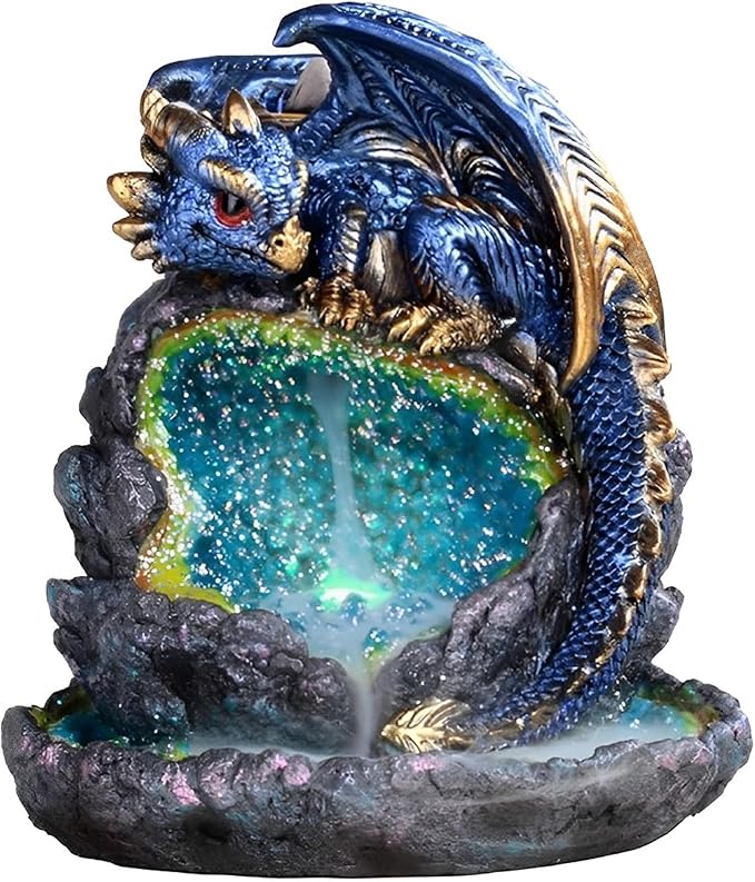 ICE Armor 5.5" H Blue Dragon Guarding Faux Crystal Cave Backflow Incense Burner with LED Light Faux Gemstone Incense Holder Statue Sculpture Ornament Decoration Home/Room Decor Ideas