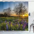 Ambesonne Nature Shower Curtain, Country Scenery with Lavender Meadow at Sunset Spring Beauty Foliage Eco Picture, Cloth Fabric Bathroom Decor Set with Hooks, 69" W x 75" L, Lavender Green