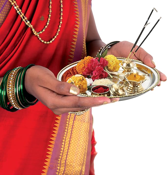 HAZEL Stainless Steel Puja Pooja Aarti Thali Set, 22 cm with 1 Pc Diva, Agarbatti Incense Holder and Kumkum Wati, Silver