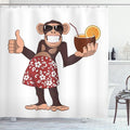 Ambesonne Cartoon Shower Curtain, Happy Chimpanzee Holding a Cocktail and Smiling Piggle Ape Cheerful Comic Art, Cloth Fabric Bathroom Decor Set with Hooks, 69" W x 75" L, Brown Ruby
